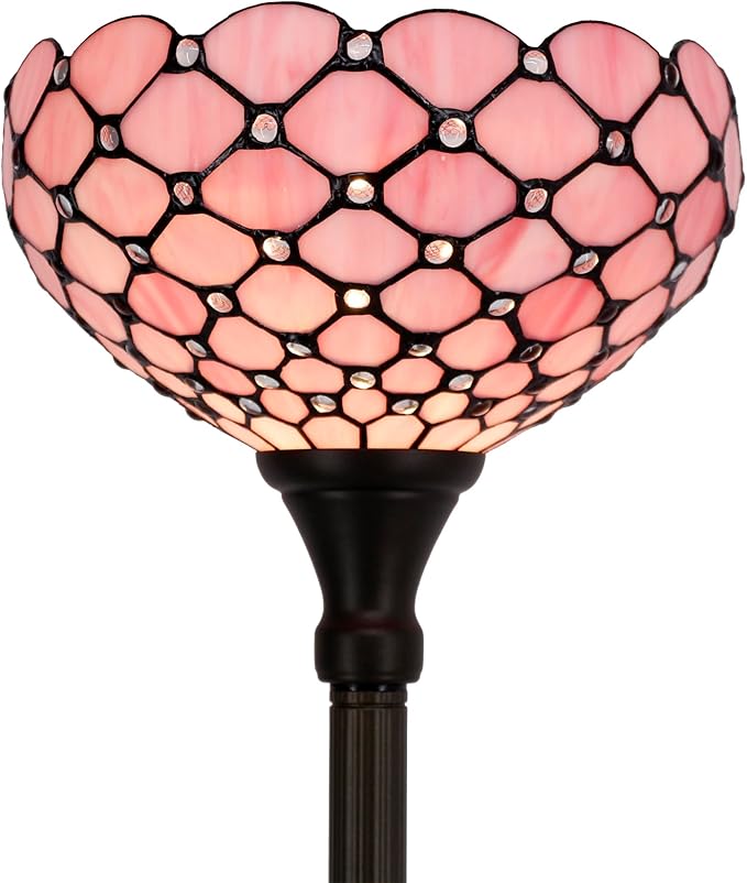 WERFACTORY Tiffany Floor Lamp Pink Stained Glass Pearl Bead Light 12X12X66 Inches Torchiere Standing Corner Torch Uplight Decor Bedroom Living Room Home Office S005P Series