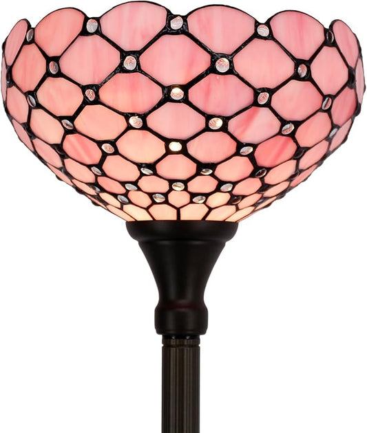 WERFACTORY Tiffany Floor Lamp Pink Stained Glass Pearl Bead Light 12X12X66 Inches Torchiere Standing Corner Torch Uplight Decor Bedroom Living Room Home Office S005P Series