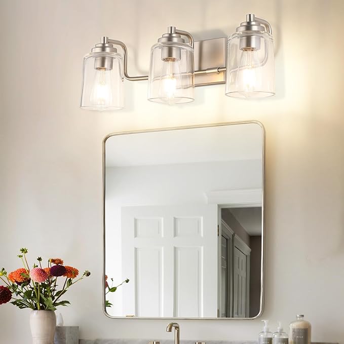 SOLFART Brushed Nickel Bathroom Lights Over Mirror 3 Lights Vanity Lights for Bathroom Bathroom Light Fixtures Vanity Lighting Mirror Lights