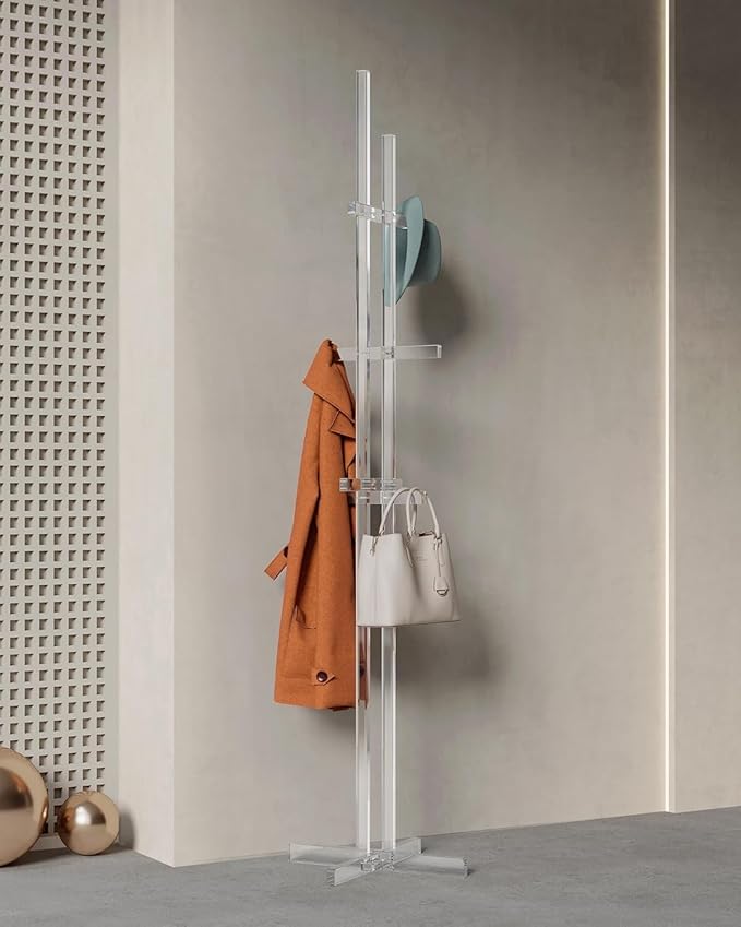 Modern Coat Rack, Freestanding Acrylic Coat Racks with 10 Hooks for Hats, Clothes,Coats, Scarves, Handbags in Bedroom, Hallway, Entrance, Office and Living Room, Easily Assemble, 72.83"H, Clear