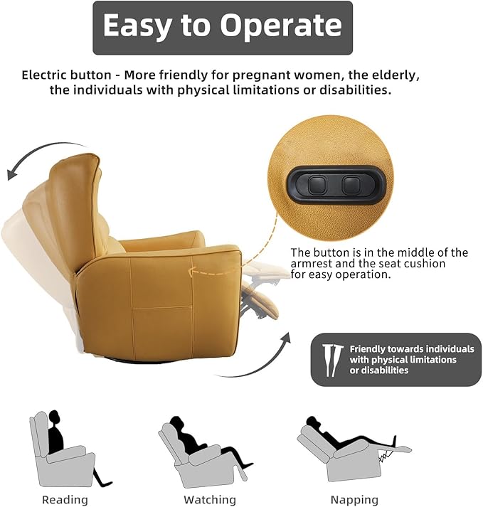 INZOY Power Swivel Rocker Recliner Glider, Oversize Electric Swivel Rocker Recliners with Highly Enveloping Backrest, Nursery Rocking Recliner Chair Leathaire Reclining Sofa for Living Room, Yellow