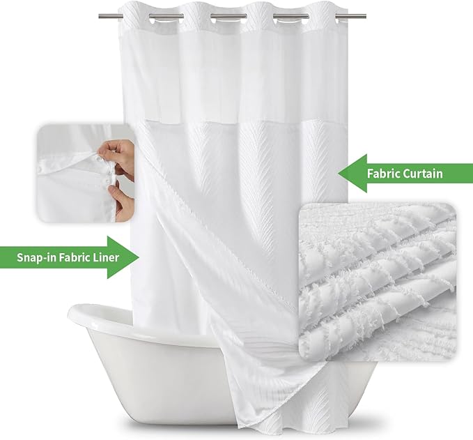 stall no Hook Tufted Shower Curtain with snap in Liner Set, White Waterproof Fabric Inner Liner,Boho Style Shower Curtain with See Through top Window, White, 54Wx80H