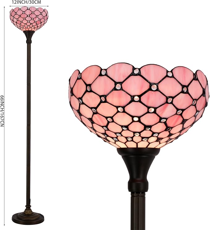 WERFACTORY Tiffany Floor Lamp Pink Stained Glass Pearl Bead Light 12X12X66 Inches Torchiere Standing Corner Torch Uplight Decor Bedroom Living Room Home Office S005P Series