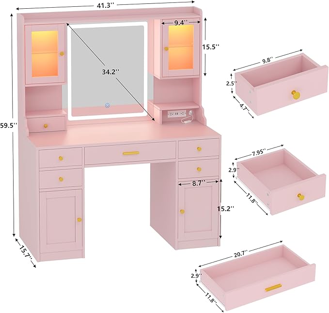 Vanity Desk with Mirror and Lights, Makeup Vanity Table with Power Outlet, Dressing Vanity Table Set with 6 Drawers & 4 Cabinets, 3 Color Modes & Brightness Adjusted, for Bedroom Room, Pink