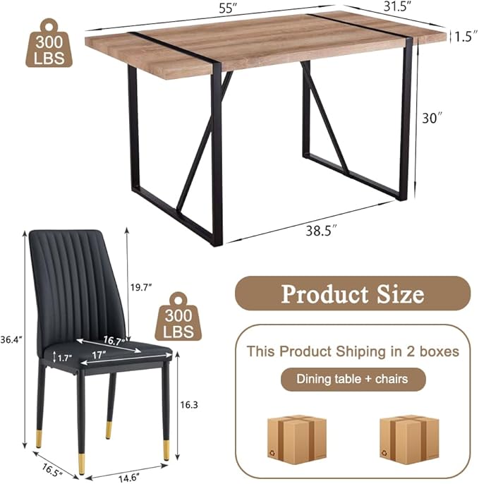 Dining Table Chairs Set for 4, Modern Rectangular Dining Room Table Set PU Leather Upholstered Dining Chairs 55" Dinner Table Set for Kitchen, Dining Room (Dining Table Set for 4, Black)