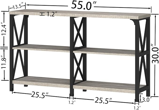 IBF Sofa Table, Modern Metal Wood 3 Tier Entryway Table, Industrial Console Table with Storage Shelves, Foyer Hallway Couch Table Behind Sofa for Living Room, Long Horizontal Bookshelf, Grey Oak, 55in