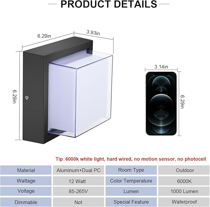 Exterior Wall Lights, Modern Waterproof Outdoor Wall Mount Lighting, Black Square Small Led Porch Light with Anti-Rust 6000K Daylight 12W for Garage, Entryway,House