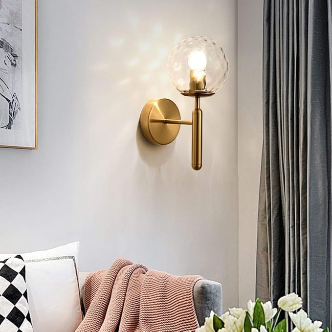KCO Lighting Modern Wall Sconce Golden Mid Century Industrial Matte Globe Glass Wall Light for Bedroom Vanity Light (Clear)