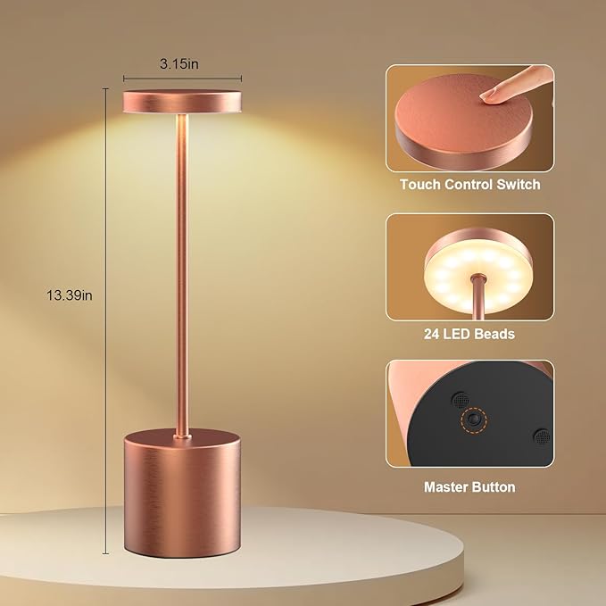 Rechargeable Table Lamp – 2 Pack Touch Lamps, Cordless Desk Lamp, 5000mAh Battery Operated Lamp with 3-Color Dimmable Light, Portable Lamp for Bedroom, Dining Room, Patio, Outdoor (Rose Gold)
