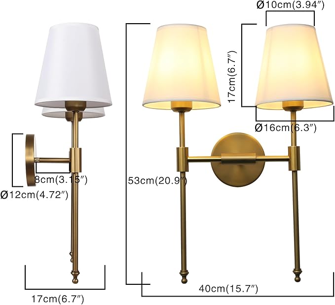 PERMO Classic Rustic Double Sconce 2-Lights Wall Sconce Lighting Fixture with Flared White Textile Lamp Shade and Antique Brass Finished Long Arm,Wall Sconce Light Fixture for Bathroom Bedroom
