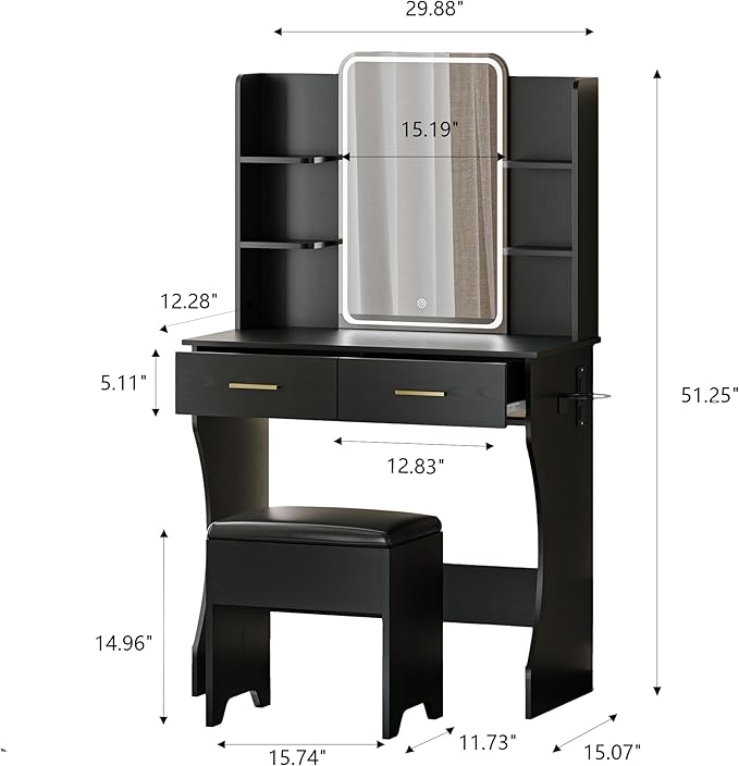 Makeup Vanity Desk with Mirror and Lights, Black Vanity with Power Outlet and LED Lights, Vanity Table with 2 Drawers and 6 Storage Shelves, Vanity Set with Chair for Bedroom