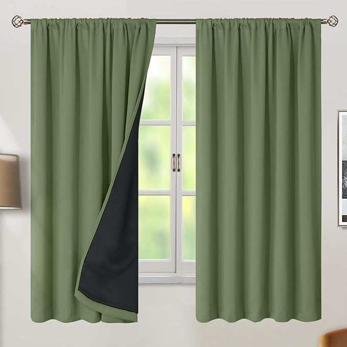 BGment Grass Green 100% Blackout Curtains 63 Inch Length with Reducing Noise Liner, Rod Pocket and Back Tab Double Layer Full Room Darkening Window Curtain for Bedroom, 2 Panels, Each 52 x 63 Inch
