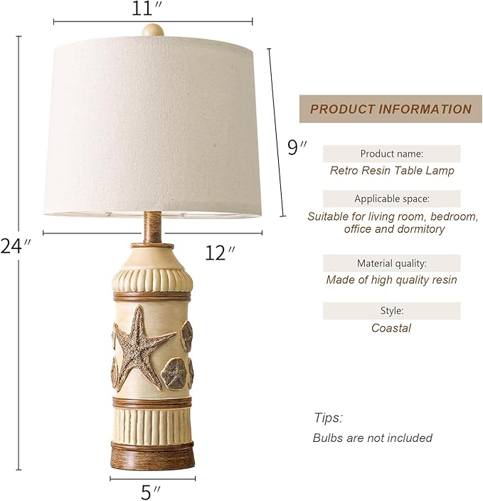 OYEARS 24" Table Lamps Set of 2,Boho Table Lamps for Living Room,Bedside Lamp for Nightstands,Coastal Nautical Lamp with Starfish Conch Pattern for Decor, End Table, Vintage Retro Beach, Off White