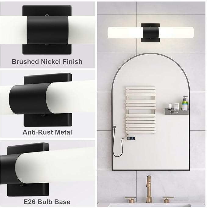 Kalium Bathroom Wall Sconce Fixture, 21 Inch Modern Vanity Lights with Frosted Glass Shade, Indoor Sconces Lighting Wall Decor Lamps for Bathrooms Living Room Stairs Bedroom (Black)