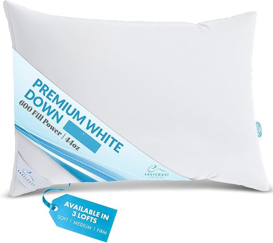 East Coast Bedding Goose Down Sleeping Pillow White 600 Fill Power with 400 Thread Count 100% Cotton for Couch, Side Sleeper, Travel & Bed Pillows - Standard Size Soft - Single Pack