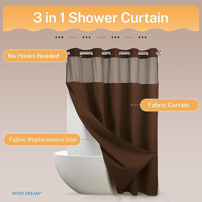 River Dream No Hooks Required Dotted Brown Shower Curtain with Snap in Liner - 71" W x 74" H,Hotel Grade,Spa Like Bath Curtain