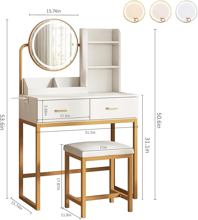 Makeup Vanity Desk with Round Mirror and Lights, White Vanity Makeup Table, Small Vanity Table for Bedroom with Lots Storage, 3 Lighting Modes, 31.5in(L)