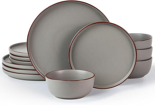 Famiware Mercury Plates and Bowls Sets, 12 Pieces Stoneware Dinnerware Sets, Dishes Set for 4, Microwave and Dishwasher Safe, Dark Grey