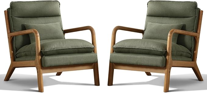 Phoenix Home Accent Chair Set of 2 Mid Century Lounge Chair PU Leather, Upholstered Reading Armchair with Lumbar Pillow & Solid Wood Frame for Office, Living Room Bedroom, Balcony, Green