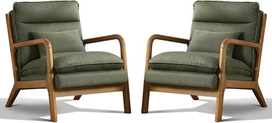 Phoenix Home Accent Chair Set of 2 Mid Century Lounge Chair PU Leather, Upholstered Reading Armchair with Lumbar Pillow & Solid Wood Frame for Office, Living Room Bedroom, Balcony, Green