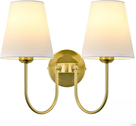 Hardwired White Fabric 2 Light Wall Sconce – Double Headed Cloth Shade Fixture for Bedroom, Bathroom & Hallway (Direct Wire)