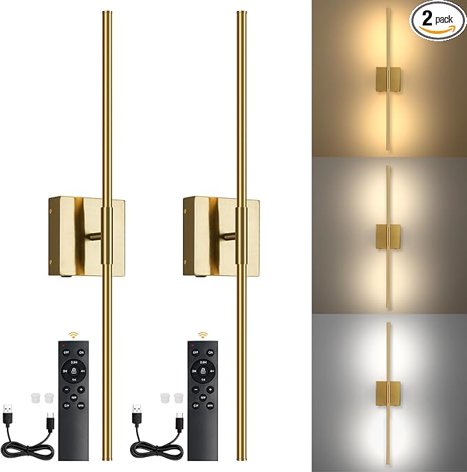 Battery Operated Wall Sconces Set of 2, Battery Wall Sconce with Remote Control,350°Rotate, LED Rechargeable Sconces,3000K-6000K Wireless Wall Light for Bedroom, Living Room, Hallway (Gold,32Inch)