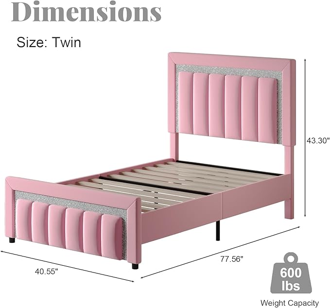 HOMBCK Twin Size Bed Frame with Headboard, Velvet Upholstered Platform Bed with Wooden Slats Support, Mattress Foundation, Twin Bed Frames for Girls, No Box Spring Needed, Easy Assembly, Pink