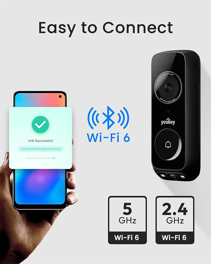 youkey Wired Doorbell Camera with Chime, No Monthly Fee, 2K Video Doorbell with Head-to-Toe Live-view, Package Detection, 2.4/5GHz WiFi-6, Built-in 8Gb Storage, Two-way Talk, Color Night Vision, DB322