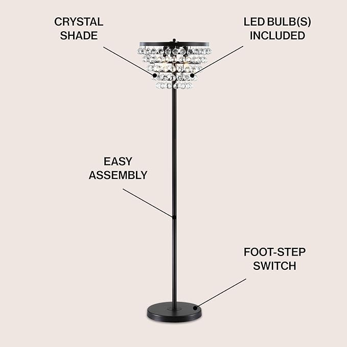 JONATHAN Y JYL9005A Jemma 60" Crystal/Metal LED Floor Lamp, Contemporary, Modern, Transitional, Elegant, Office, Living Room, Family Room, Dining Room, Bedroom, Hallway, Foyer, Bronze/Clear