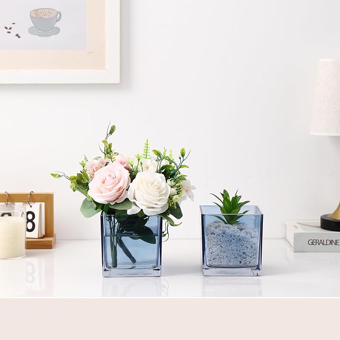 Square Blue Glass Vases Set of 6, 5" x 5" x 5" Flower Vases for Centerpieces, Square Vase for Centerpieces, Small Vase for Wedding, Party, Home Office Decoration