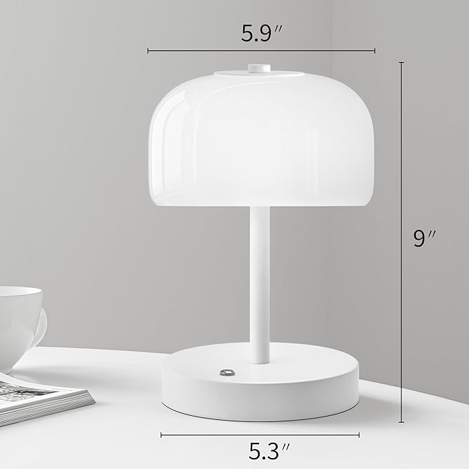 Oneach Portable Cordless Table Lamp, Rechargeable Battery Powered Lamp with Opal Glass Shade, 3-Way Dimmable LED Touch Mushroom Table Lamps for Bedroom, Bedside, Living Room, Dining Room, Patio, White