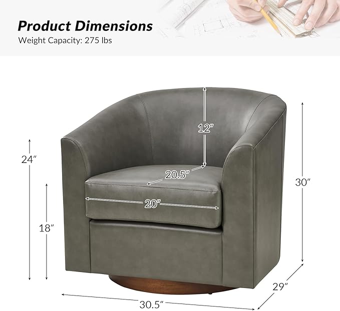 HULALA HOME Faux Leather Swivel Accent Chair with Solid Wood Base, Round Swivel Barrel Chair for Living Room and Bedroom, Grey