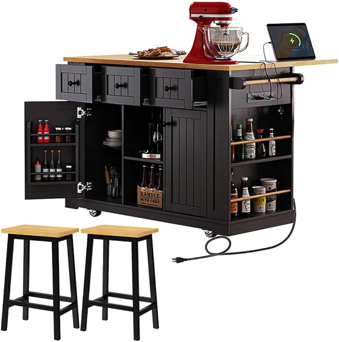 Rolling Kitchen Island with 2 Bar Stools, Kitchen Cart on Wheels with Drop Leaf, Mobile Kitchen Storage Cart with Power Outlet, 53 Inch Width (with 2 Bar Stools: Black)