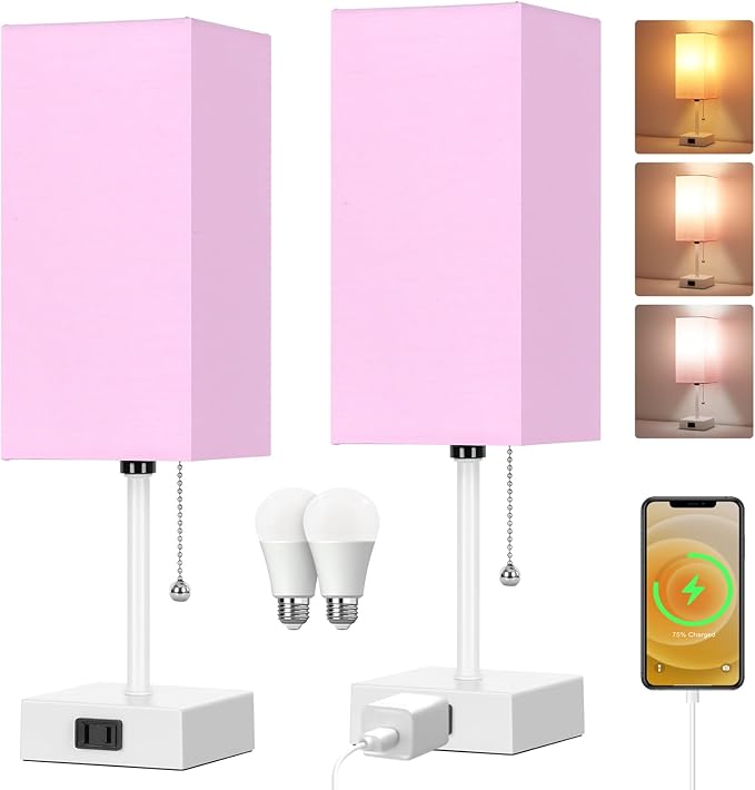 Table Lamp for Bedroom set of 2,3-Color Bedside Lamps with Pull Chain Table Lamps for Nightstand with AC Outlets,Small Night Light Lamps with 2 Bulbs Lamps for Living Room Kids Room Office Decor（Pink）