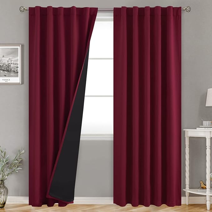 BGment Full Blackout Curtains with Heat Insulation Liner Curtains 84 Inches Long，Rod Pocket and Back Tab Double Layer Room Darkening Window Curtain for Bedroom(42 x 84 Inch, 2 Panels, Burgundy Red)