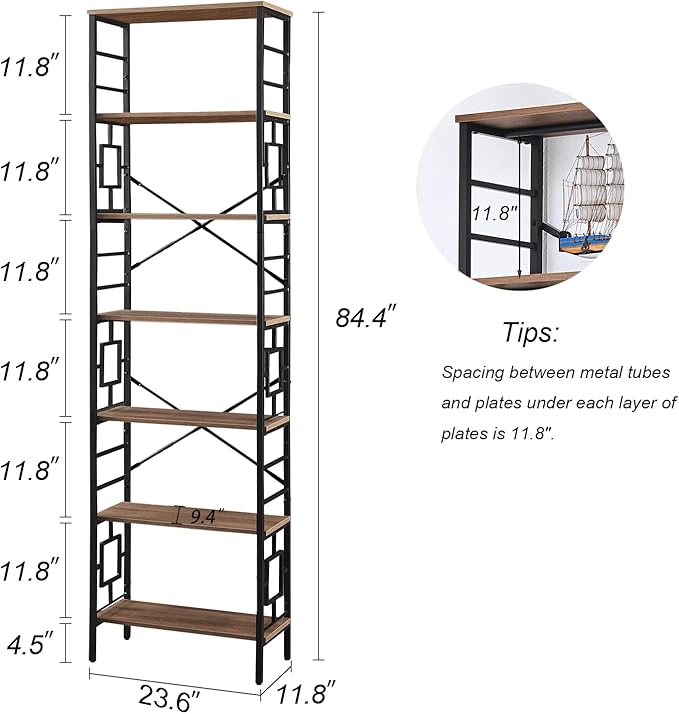 HOMISSUE Tall Bookshelf, 84 Inch Industrial Bookshelf with Metal Frame and Open Shelves, 7 Tier Metal Bookshelves and Bookcases, Rustic Tall Book Shelf for Office, Living Room and Bedroom, Brown