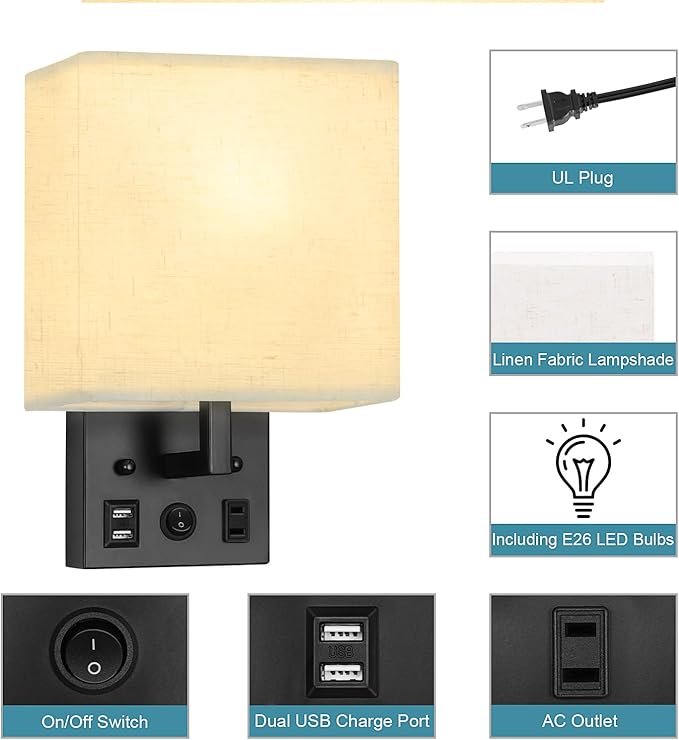 Black Wall Sconces Set of Two, Bedside Wall Lights for Bedroom, Plug in Wall Sconce with USB Ports and Outlets, Modern Wall Lamp for Mirror Kitchen Living Room Hallway, E26 Base (LED Bulbs Included)
