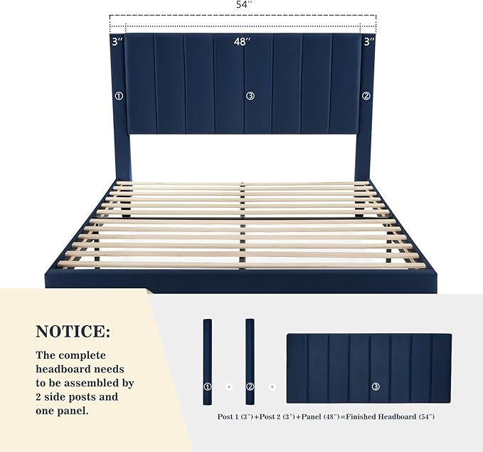 Allewie Full Platform Bed Frame/Velvet Upholstered Bed Frame with Vertical Channel Tufted Headboard/Strong Wooden Slats/Mattress Foundation/Box Spring Optional/Easy Assembly/Navy Blue
