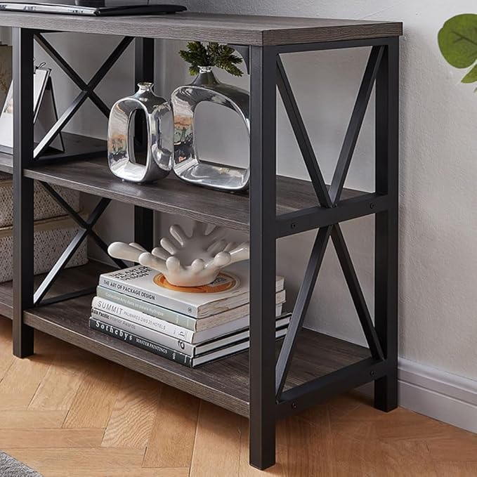 LVB Rustic Console Table, Industrial Modern Sofa Table Behind Couch, Long Metal Wood Entryway Table with Storage Shelf, Farmhouse Foyer Hallway Table for Home Living Room Bedroom, Dark Gray Oak, 63 in