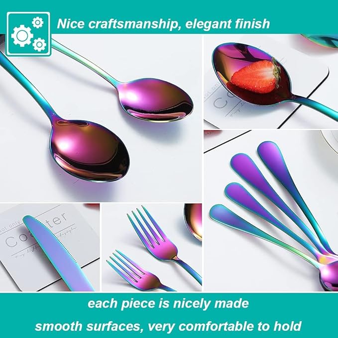 50 Pcs Rainbow Silverware Set for 10, Food Grade Stainless Steel Flatware Set, Eating Utensils Sets Include Fork/Knife/Spoon,Home Kitchen Tableware Set, Reusable Cutlery Set, Dishwasher Safe