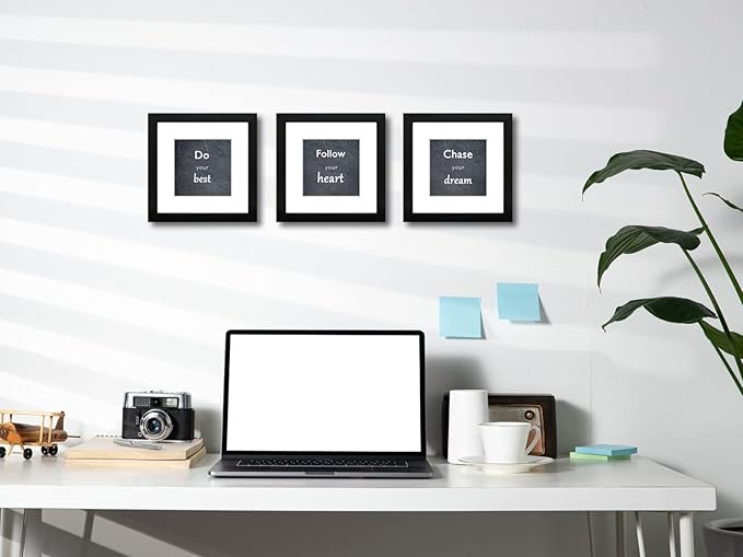 8x8 Picture Frame Set of 3 with Real Glass for Pictures 5x5 with Mat or 8x8 Without Mat, Wall Gallery or Tabletop display Photo Frames in Black