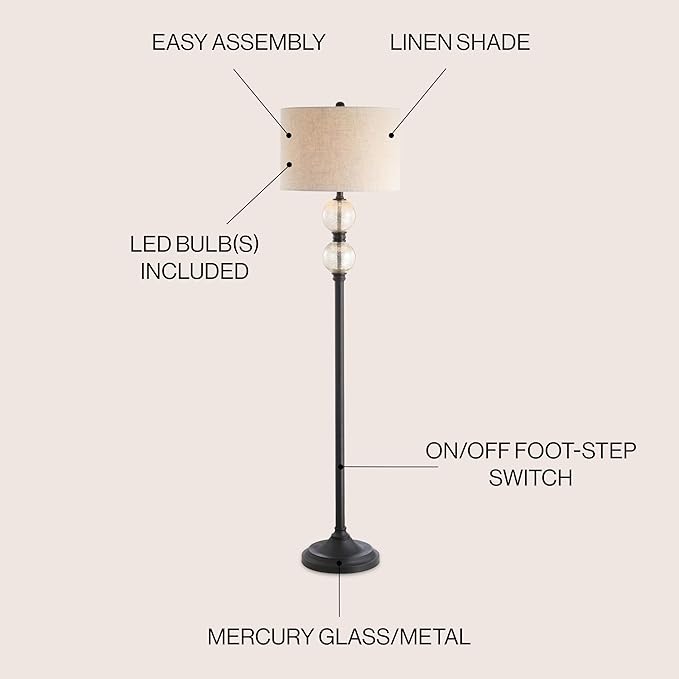 JONATHAN Y JYL1016A January 60" Glass/Metal LED Floor Lamp, Traditional, Elegant, Office, Living Room, Family Room, Dining Room, Bedroom, Hallway, Foyer, Mercury Glass/Oil Rubbed Bronze