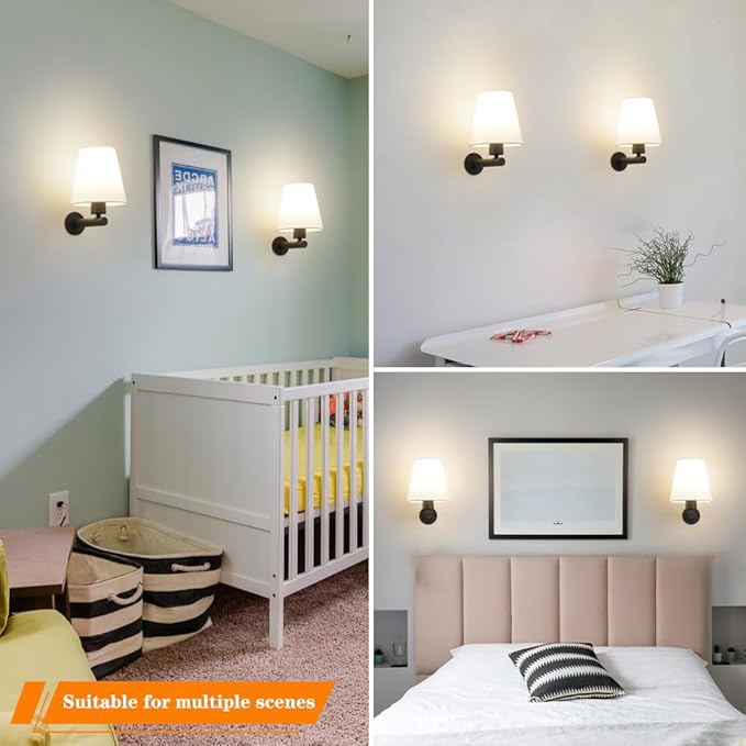 Battery Operated Wall Sconce Set of Two, Black Wireless Sconces Wall Lighting with Fabric, Battery Sconces Wall Decor with Remote Control, Dimmable Wall Light for Bedroom Living Room, Bulb Included