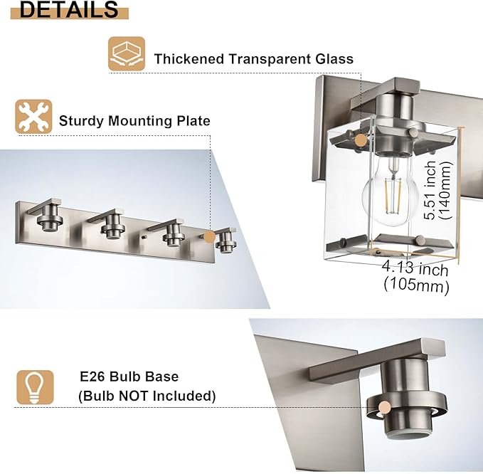 6-Lights Brushed Nickel Bathroom Light Fixture Over Mirror, Modern Wall Sconce with Clear Glass Shades, E26 Bulb Base Vanity Lighting for Over Mirror Kitchen