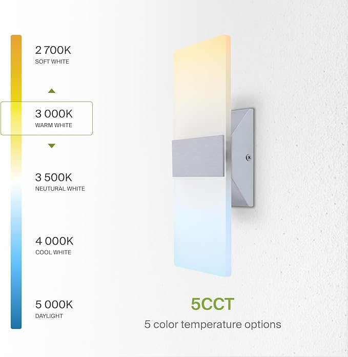 ASD 12 Inch LED Indoor Wall Sconce - Modern Interior 12W 2700K-5000K Adjustable Dimmable Wall Mounted Light Fixtures, Acrylic Glass Wall Lights for Stairway, Hallway - UL, Brushed Nickel, 2 Pack