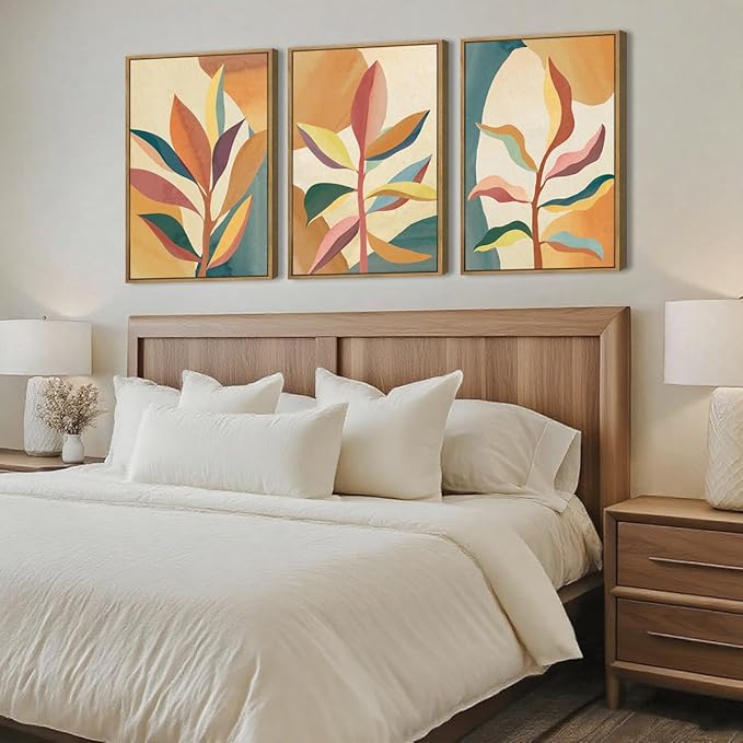 BINCUE Large Wood Tropical Palm Leaf Wall Art Set Boho Framed Wall Decor Nature Abstract Art Landscape Artwork for Living Room Bedroom Office 16x24 Inches