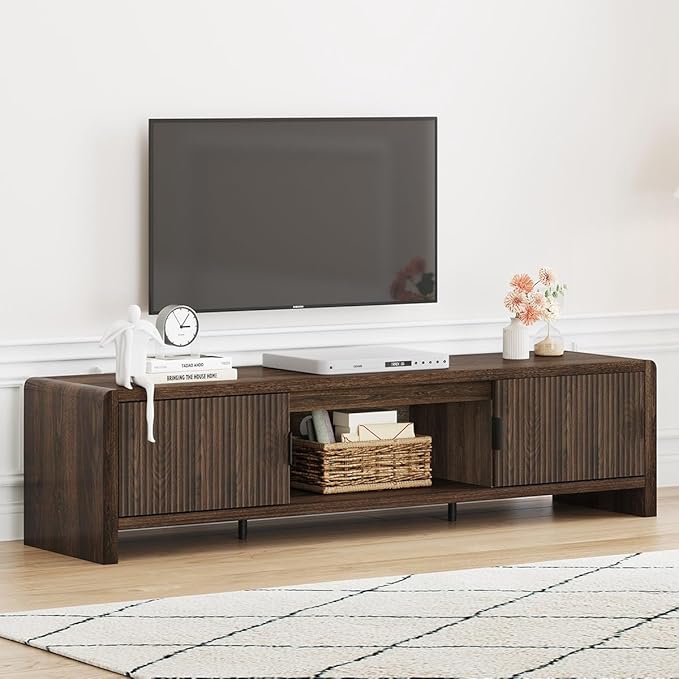 FATORRI TV Stand for 75/65/55 Inch TVs, Mid Century Modern Entertainment Center with Storage, Wood Waveform Fluted-Door Television Media Console for Living Room, Bedroom (63 Inch W, Dark Walnut)