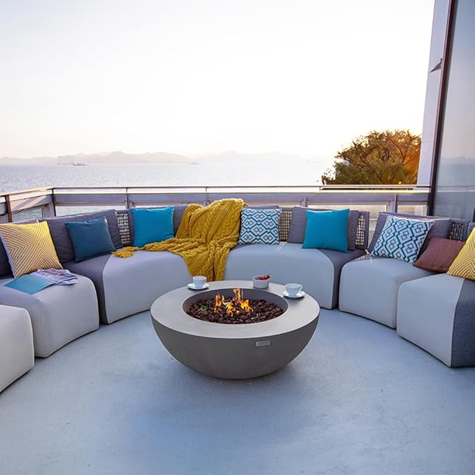 Elementi Lunar Bowl Fire Pit Bundle Outdoor Includes 42” Propane Concrete Firepit, Glass Windscreen, Stainless Steel Cover, Tank & Canvas Cover, Floor Mat and Beverage Tub