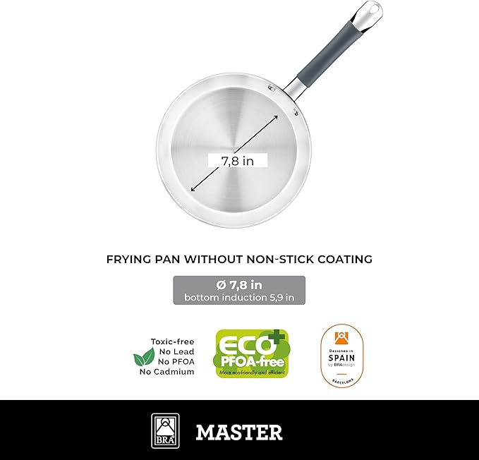 BRA COOKWARE Master 9 Piece Cookware Set | Stainless Steel Professional Kitchenware Set | 2 Pots, 1 Sauté Pan, 3 Frying Pans, 3 Lids | All Stovetop Compatible | PFAS Free | w/o Non-Stick