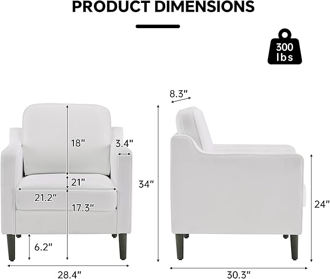 Mid Century Modern Accent Chair, Upholstered Reading Armchair for Living Room, Velvet Comfy Sofa Chair with Wood Legs for Bedroom, Office, Waiting Room, Ivory